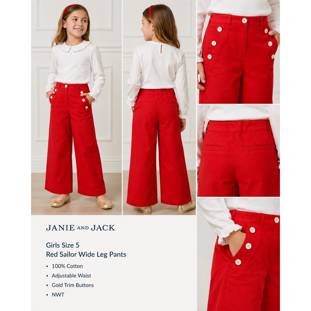 Janie and Jack NEW Girl Red Sailor WideLeg Pants Adjustable Waist Gold Buttons 5
